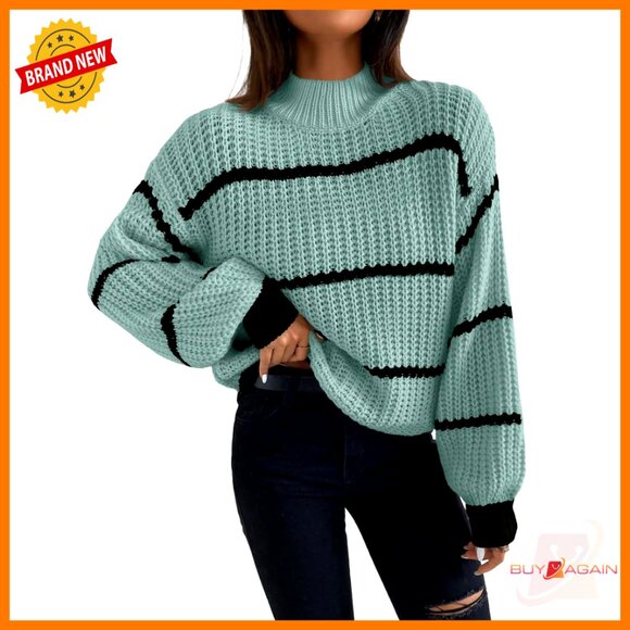 Sweaters - High-Neck Cropped Sweater Striped Stand-Up Collar Dropped Shoulder Knitted